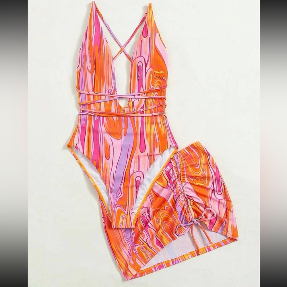 Abstract Print Monokini w/ cover up